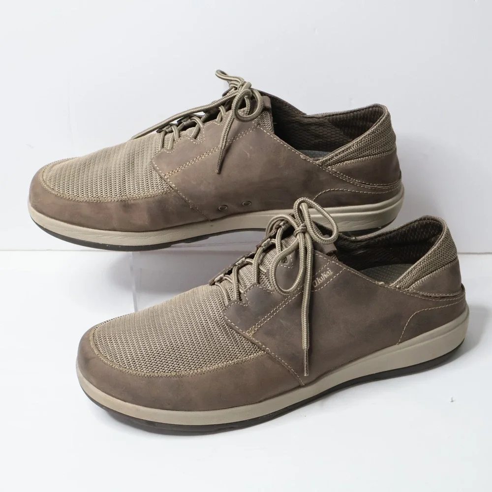 OluKai Makia Lace Mens 13 Brown Leather Mesh‎ Walking Shoes 10362-1028